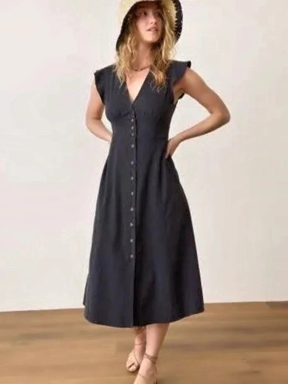 Marine Layer Camilla Button Front Midi Dress in Black Size Large